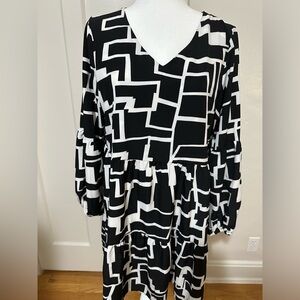 Black, long sleeve, geometric, print, baby doll dress size large